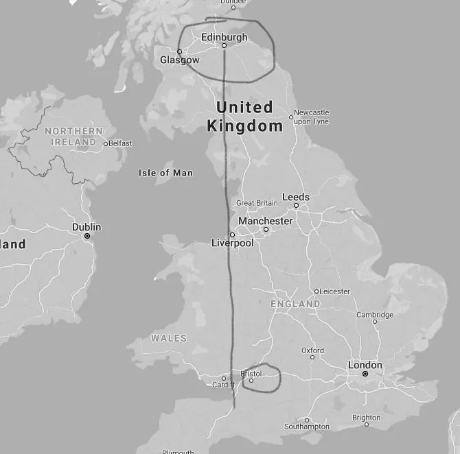 Which is Further West of Edinburgh Or Bristol? image 2